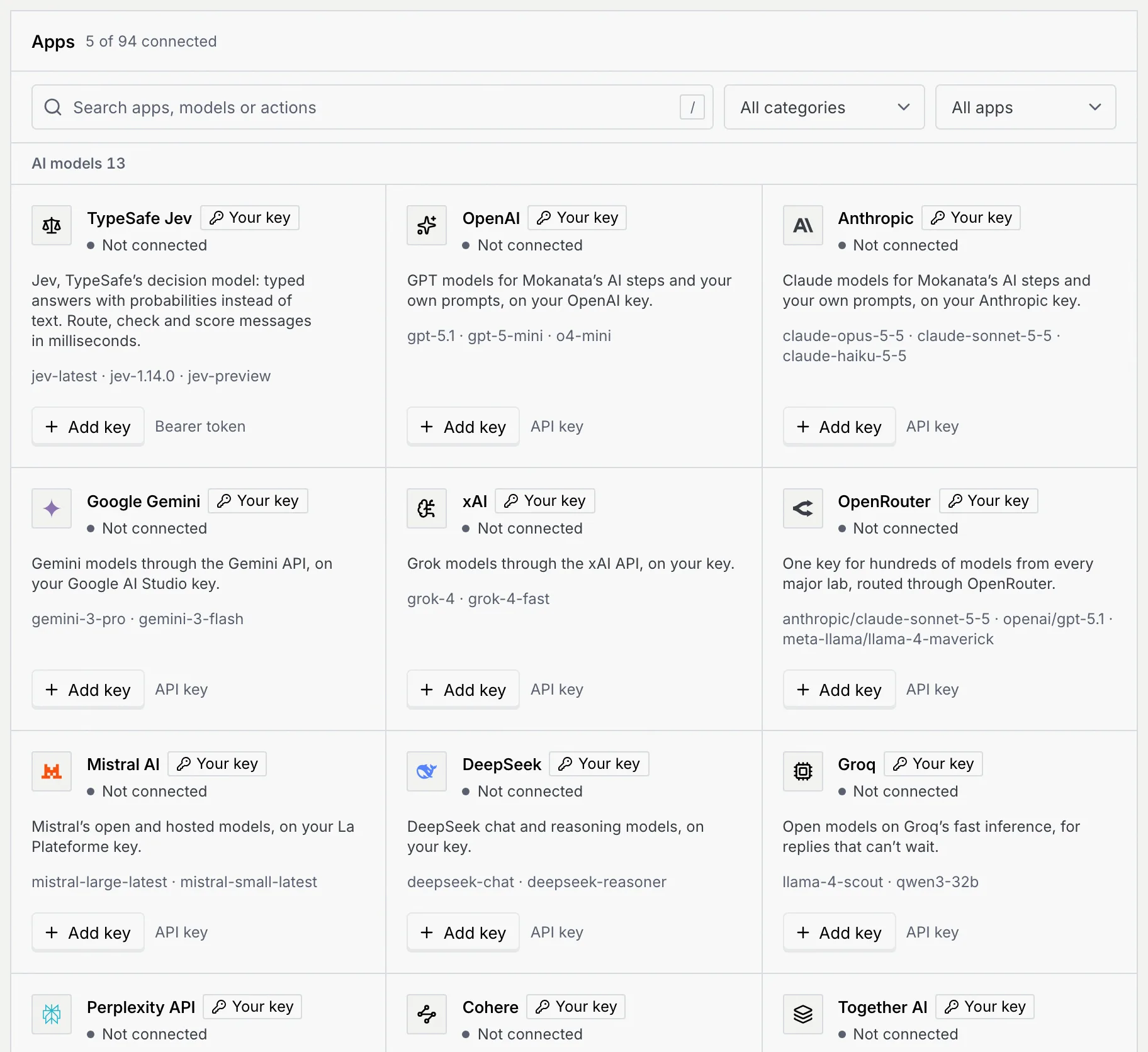 The Apps catalogue: 5 of 94 connected, the search box, category and status filters, and the AI models group with TypeSafe Jev, OpenAI, Anthropic, Google Gemini and others, each with Your key and Add key