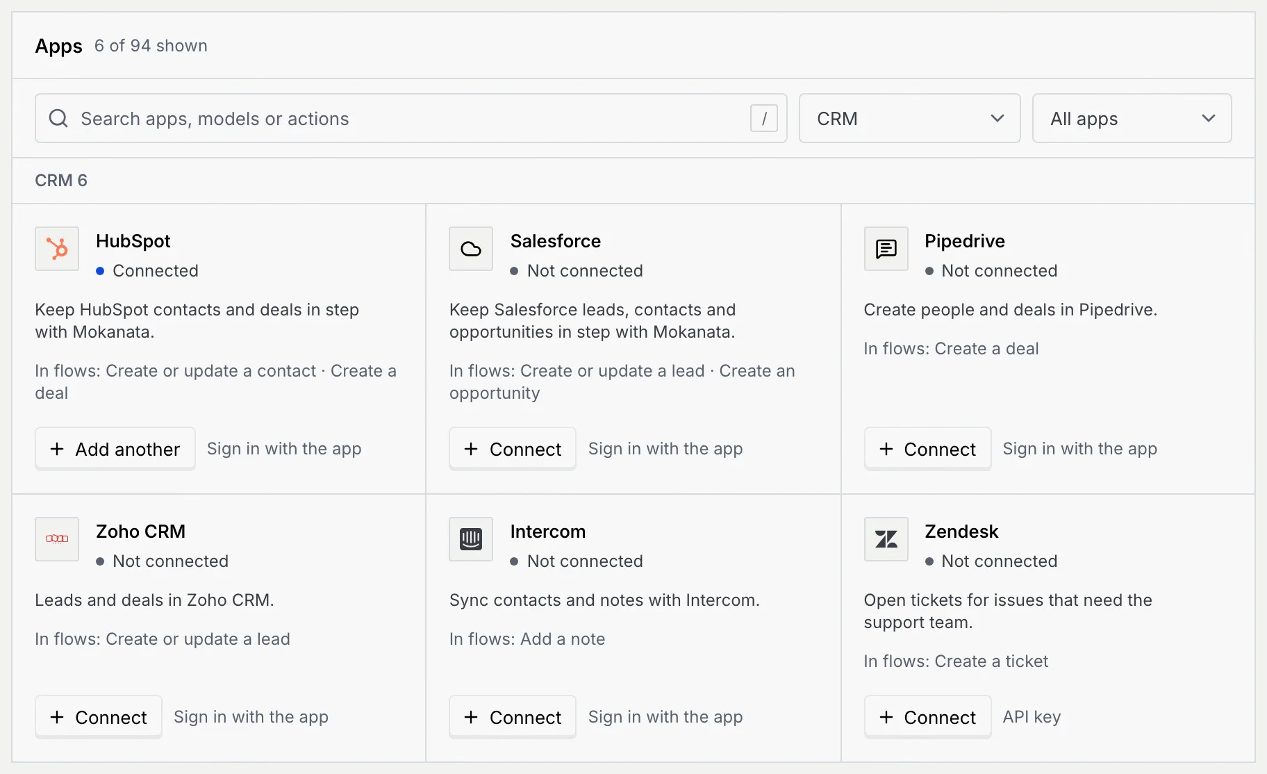 The CRM category: HubSpot (Connected, Add another), Salesforce, Pipedrive, Zoho CRM, Intercom and Zendesk, each with Connect and how it signs in