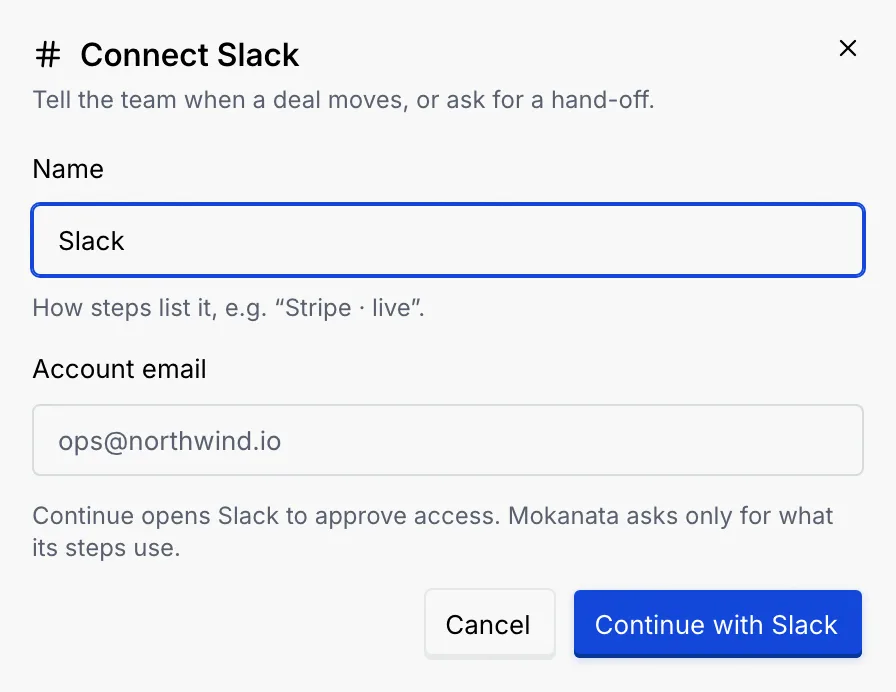 Connect Slack with Name, Account email and Continue with Slack