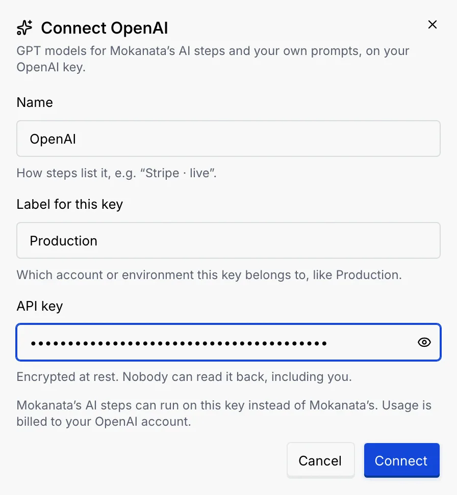 Connect OpenAI with Name OpenAI, Label for this key Production, the API key filled in, and the note that usage is billed to your OpenAI account