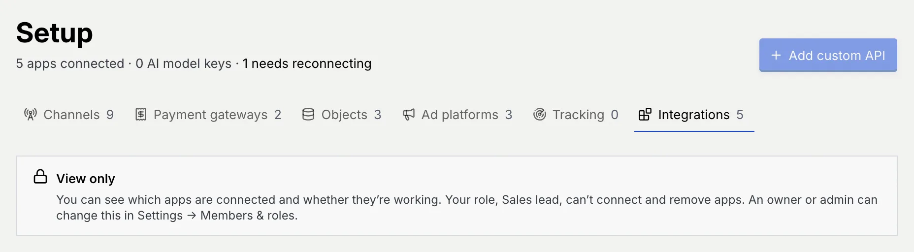 The View only notice for the Sales lead role on the Integrations tab, with Add custom API disabled