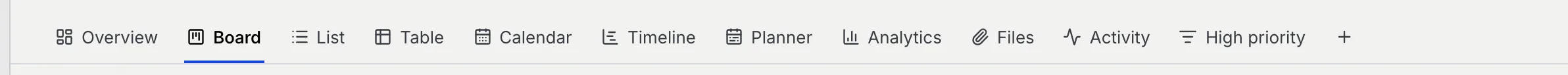 The board tabs Overview, Board, List, Table, Calendar, Timeline, Planner, Analytics, Files, Activity, the saved view High priority and +
