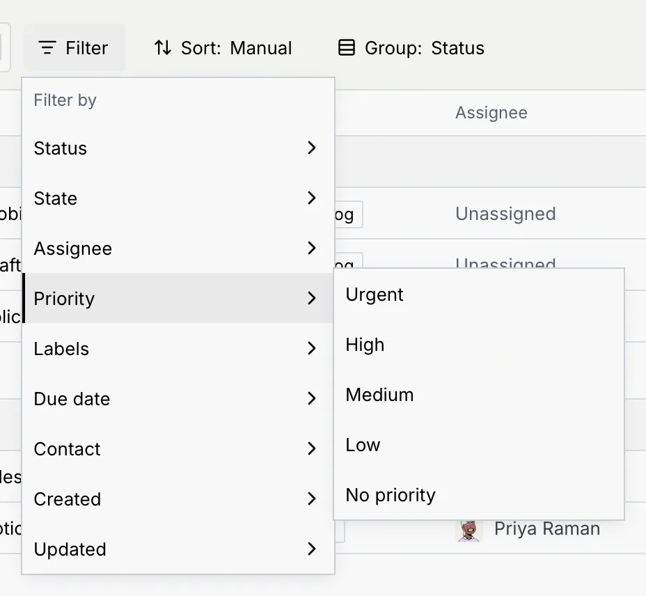 The Filter menu on a list, open on Priority with Urgent, High, Medium, Low and No priority