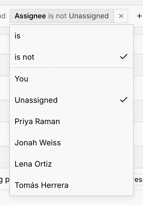 A chip's menu with is not ticked and the values You, Unassigned (ticked), Priya Raman, Jonah Weiss, Lena Ortiz and Tomás Herrera