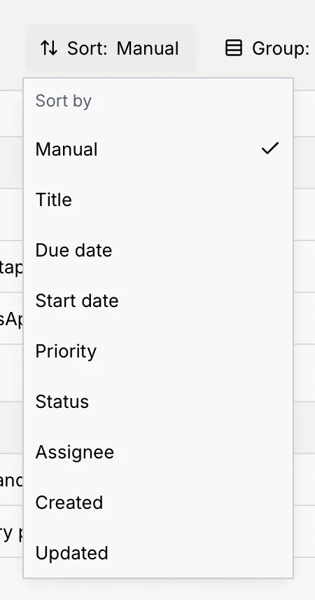 The Sort by menu with Manual ticked, then Title, Due date, Start date, Priority, Status, Assignee, Created and Updated