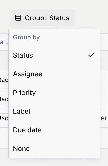 The Group by menu with Status ticked, then Assignee, Priority, Label, Due date and None