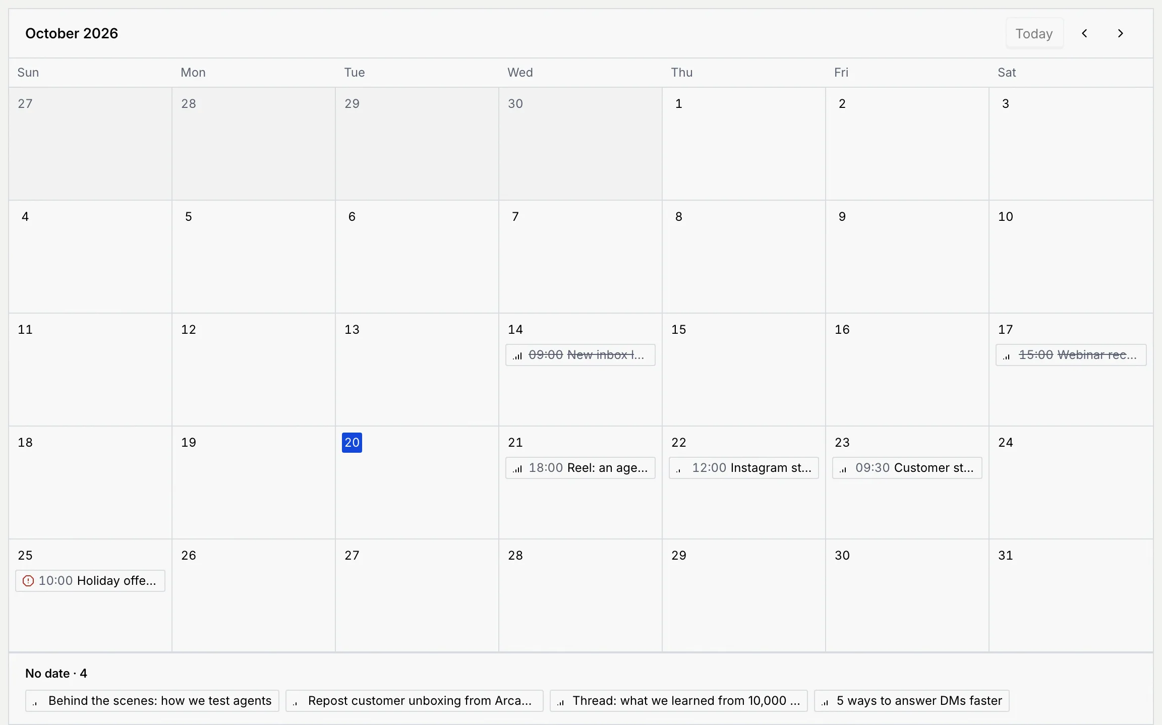 October 2026 on the Social content calendar, with posts on the 14th, 17th, 21st, 22nd, 23rd and 25th, today highlighted, and four posts under No date