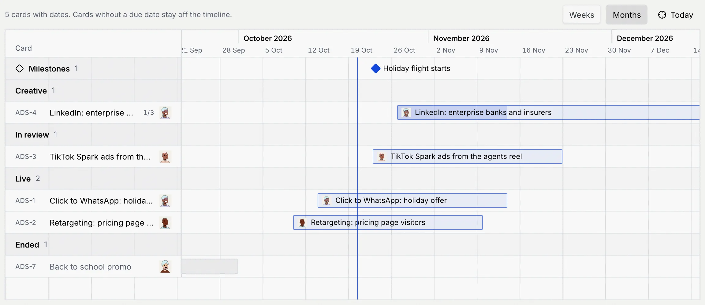 The Holiday ad campaigns timeline in months, with campaign flights from September to December and the Holiday flight starts milestone