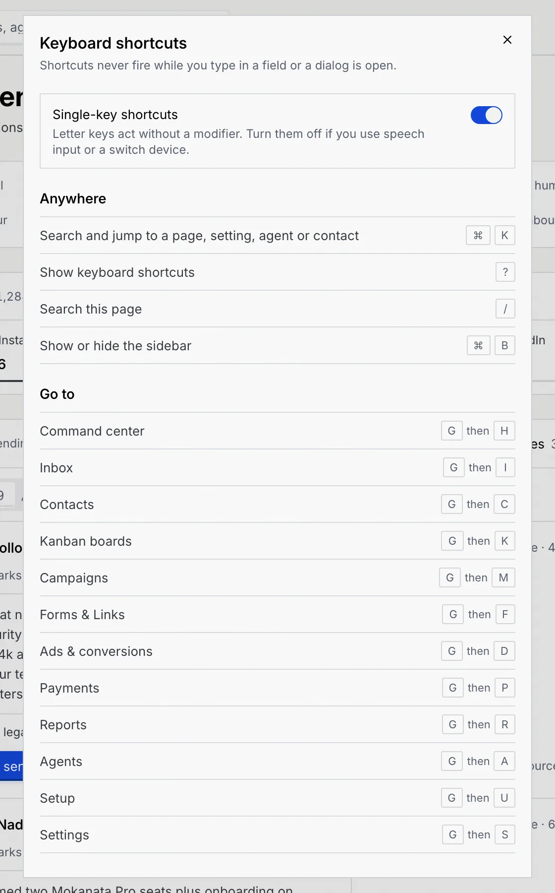 The Keyboard shortcuts dialog with the Single-key shortcuts switch, the Anywhere group and the Go to group with G then H and the other go-to keys