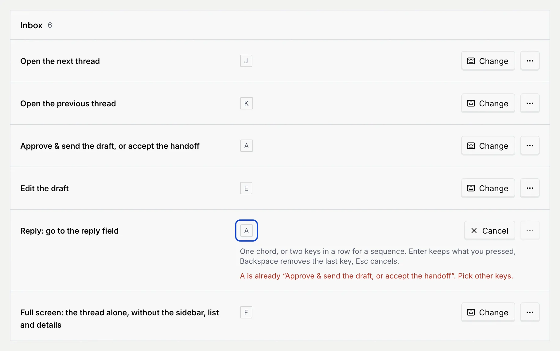 The Reply row with A pressed and the message A is already Approve & send the draft, or accept the handoff. Pick other keys.