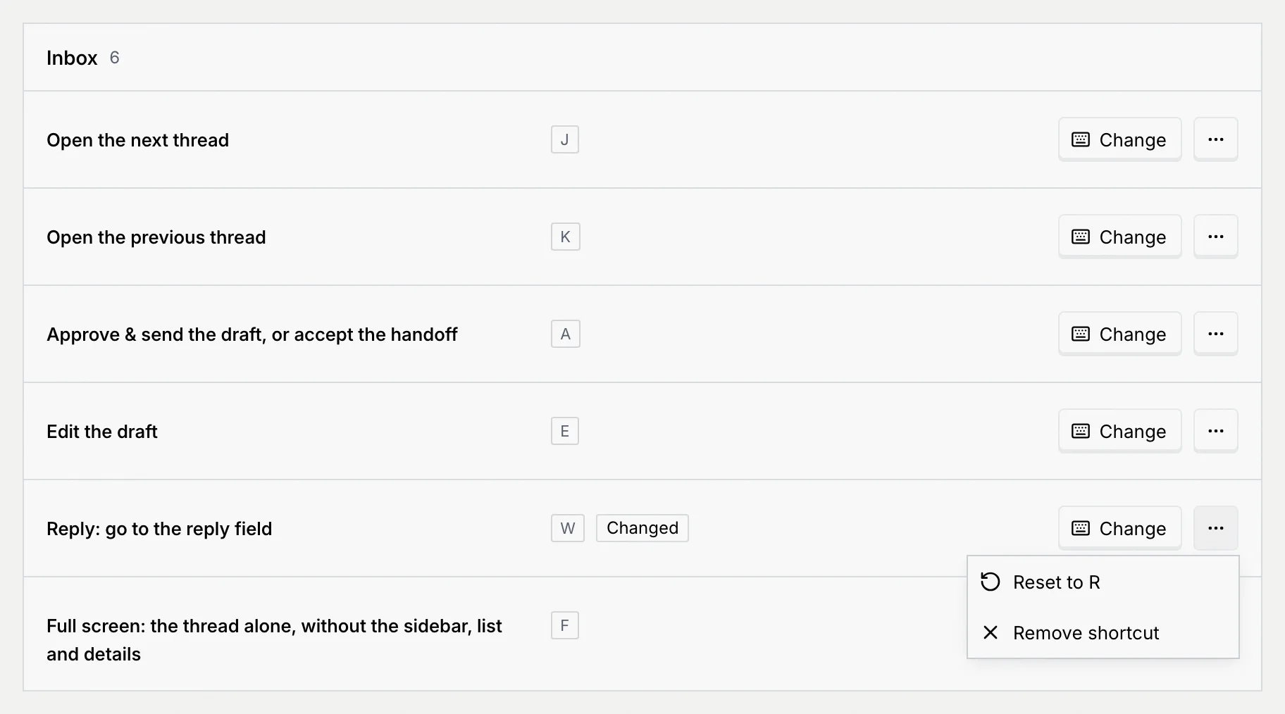 The Reply row showing W with the Changed badge, and its menu open on Reset to R and Remove shortcut