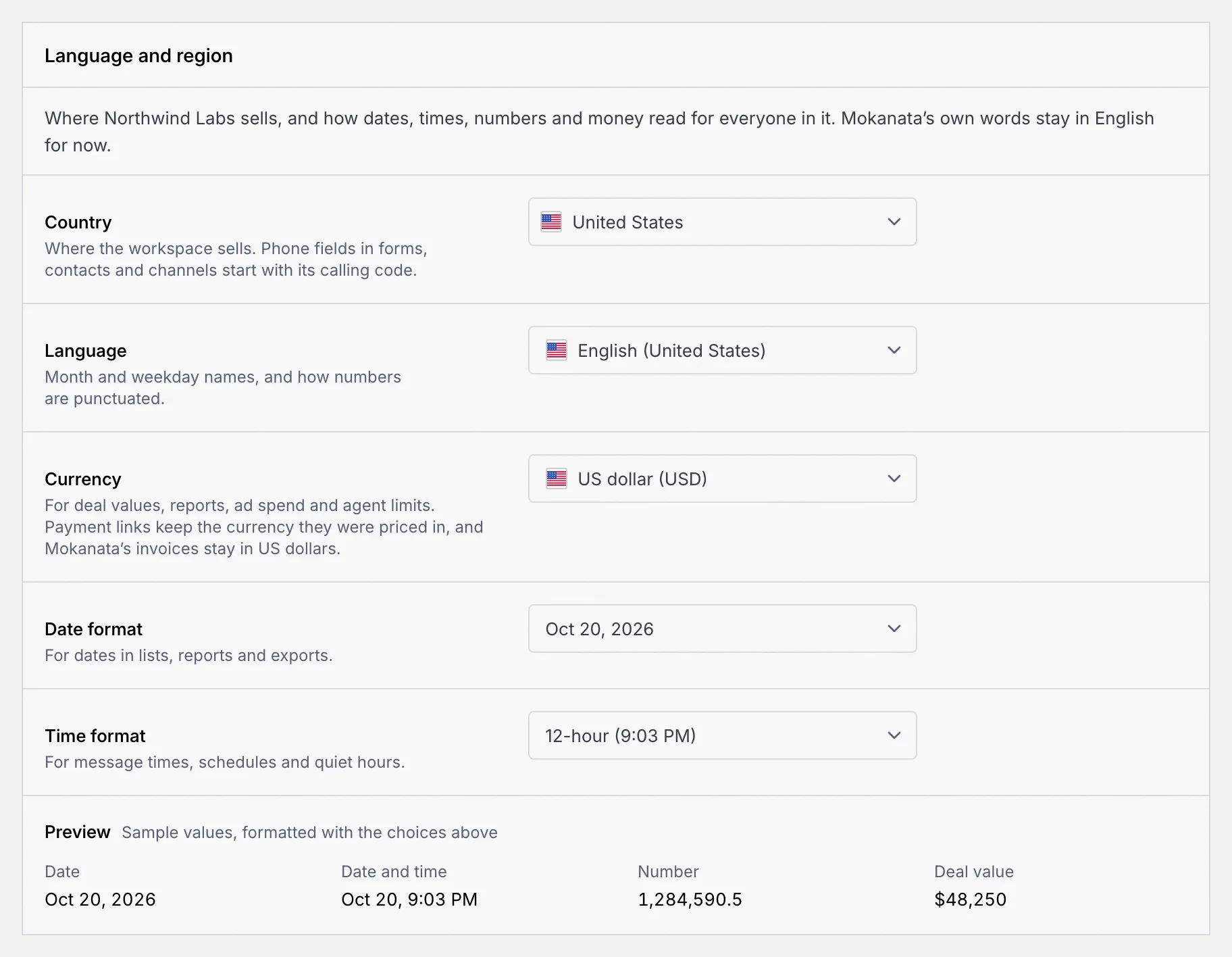 The Language and region panel with Country United States, Language English (United States), Currency US dollar (USD), Date format and Time format, and the Preview row underneath
