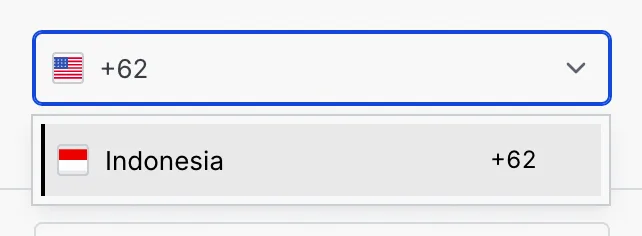 The Country field with +62 typed and Indonesia +62 offered in the list