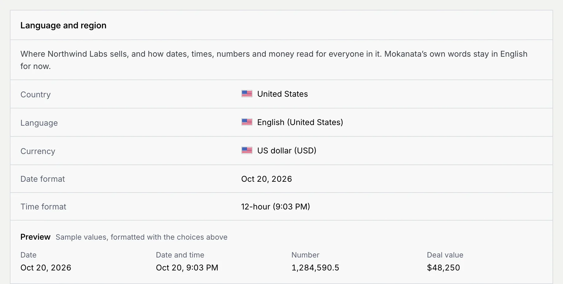 The Language and region panel for a viewer: Country, Language, Currency, Date format and Time format as read-only facts, with the preview