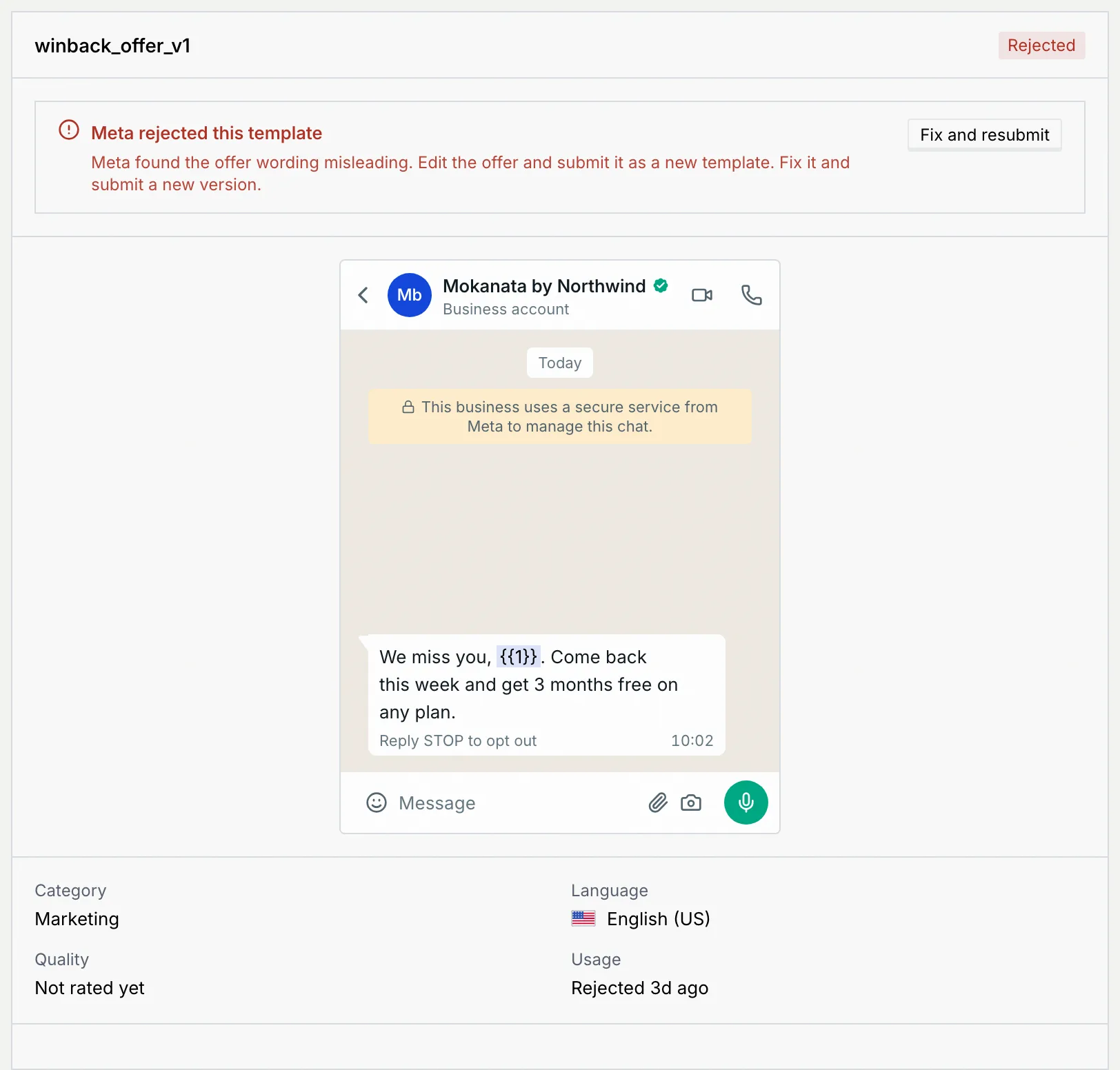 The preview of the rejected winback_offer_v1 template with Meta's reason and Fix and resubmit