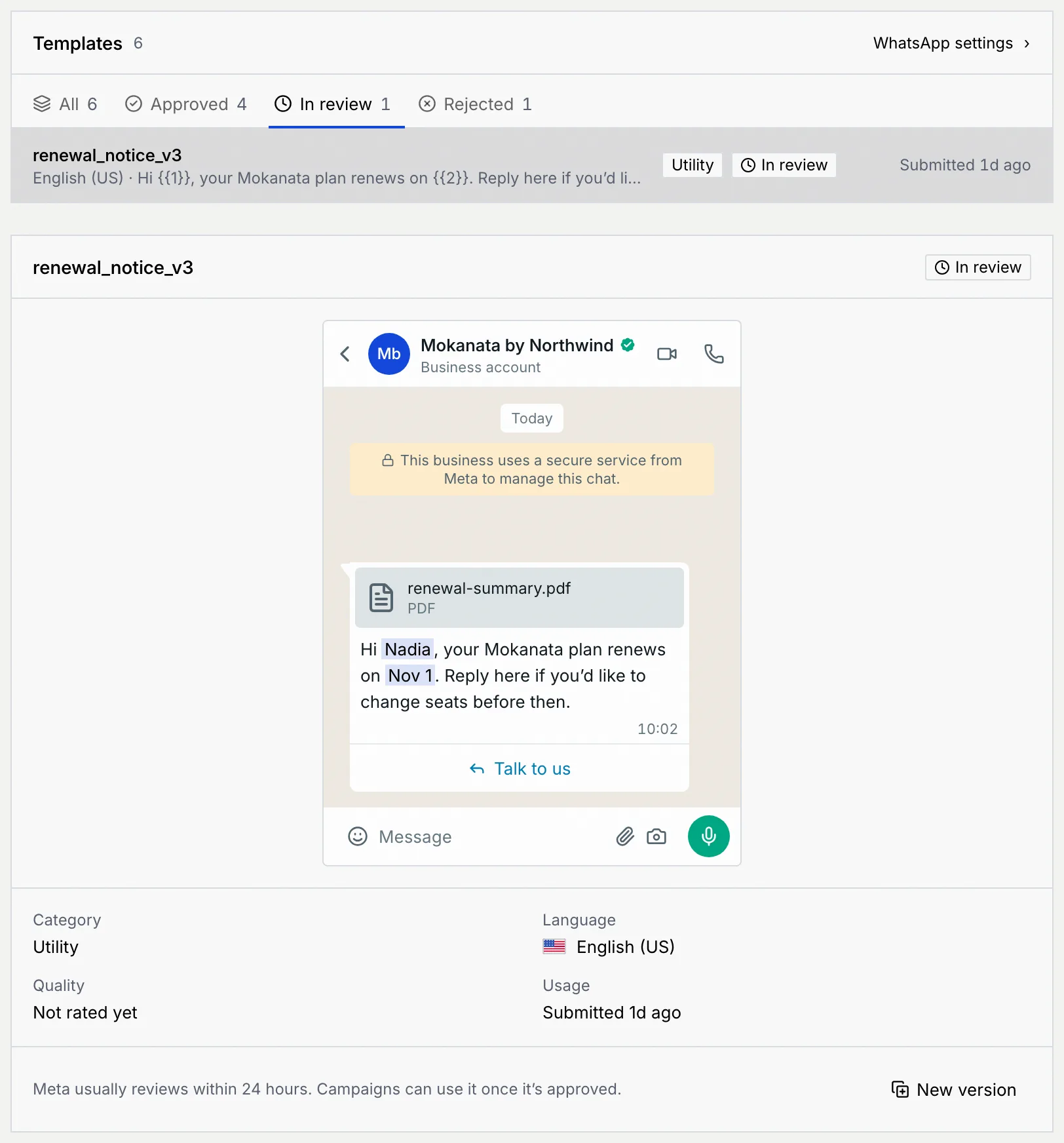 The Templates panel on the In review tab with renewal_notice_v3 submitted a day ago, and its preview noting that Meta usually reviews within 24 hours