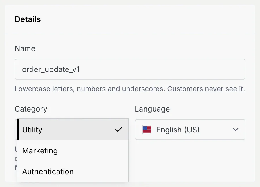 The Details panel with the name order_update_v1 and the Category list open on Utility, Marketing and Authentication