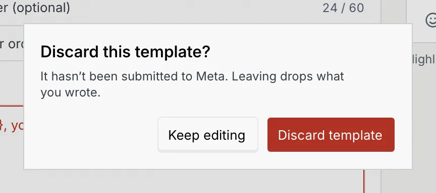 The Discard this template dialog with Keep editing and Discard template