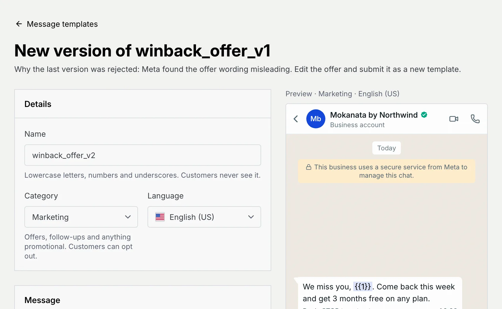 New version of winback_offer_v1 with the reason the last version was rejected, the name winback_offer_v2 and the category Marketing filled in