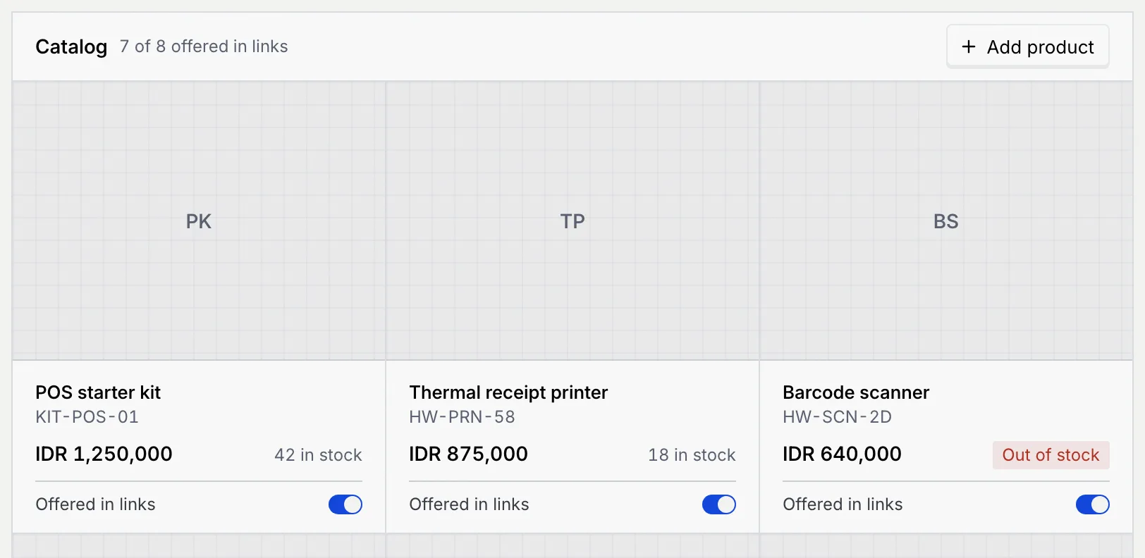The Catalog panel with Add product and the first products: POS starter kit, Thermal receipt printer and an out-of-stock Barcode scanner, each with its price, stock and an Offered in links switch