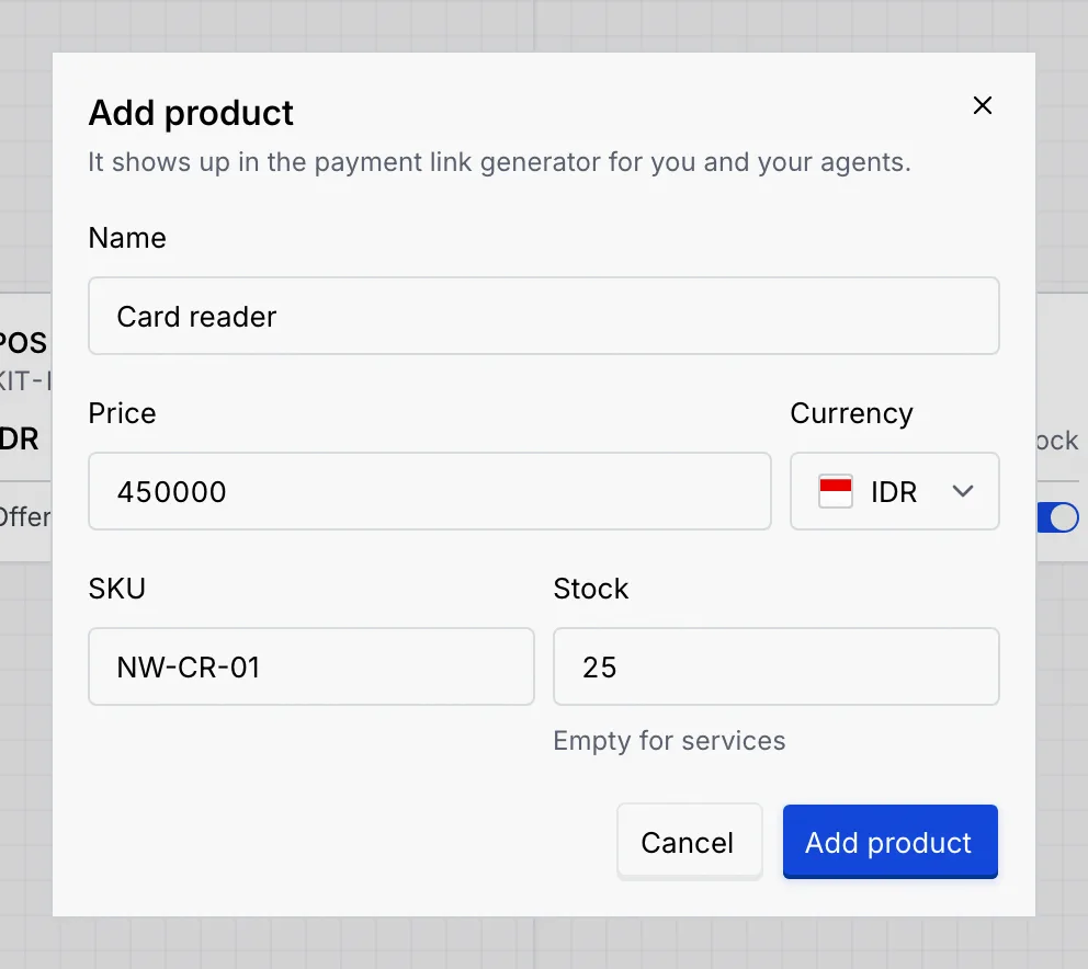 The Add product dialog with the name Card reader, a price of 450000 IDR, the SKU NW-CR-01 and a stock of 25