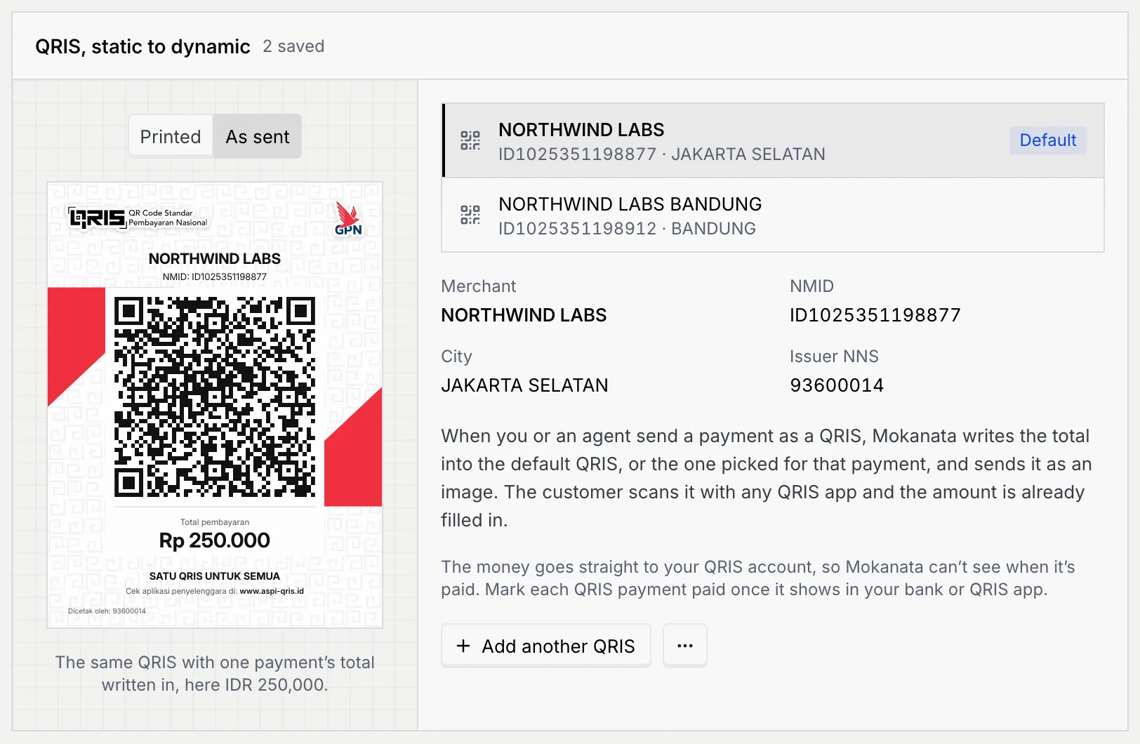 The same QRIS as sent to a customer, with a total of Rp 250.000 written in