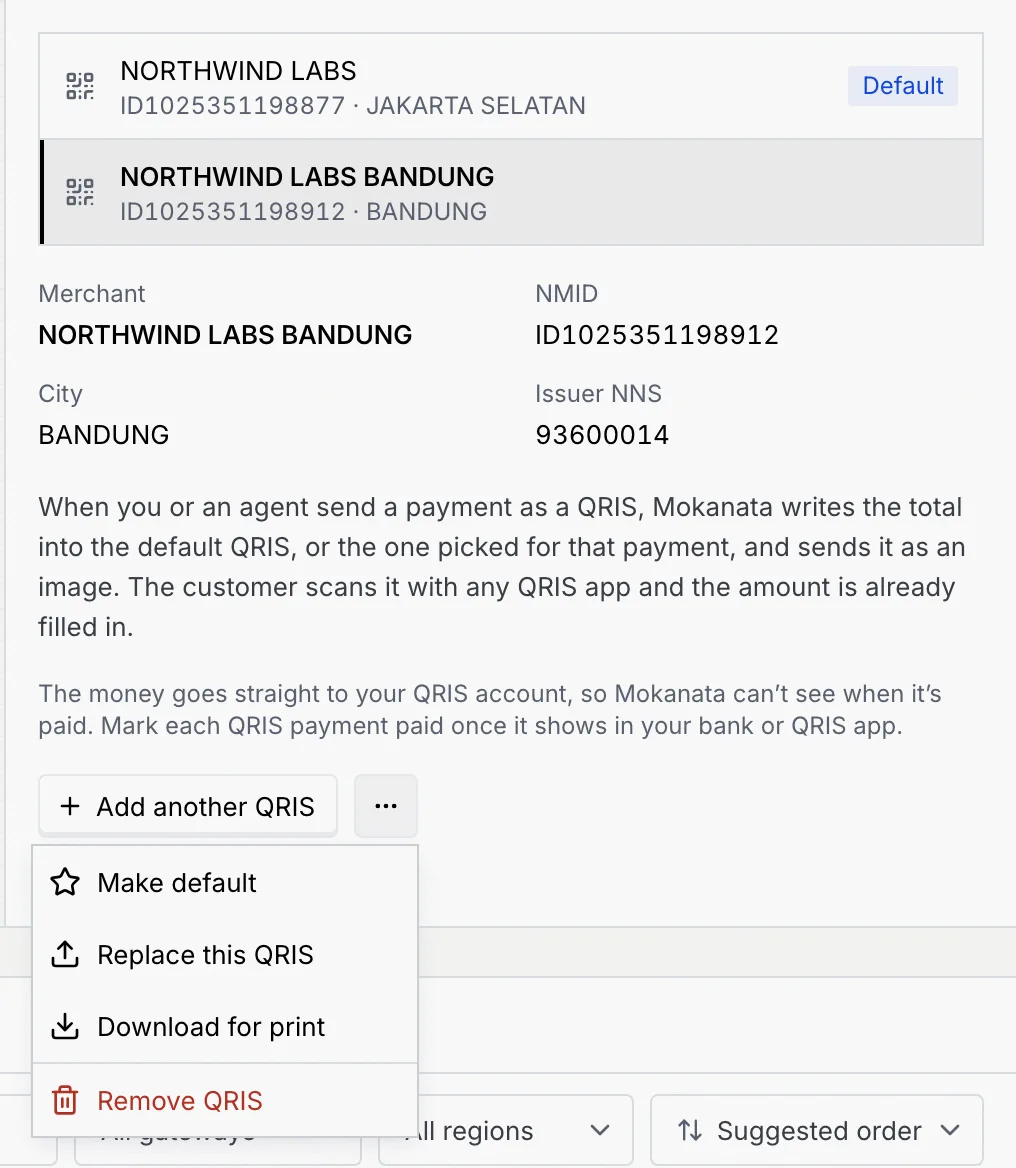 The Bandung QRIS picked in the list, with the menu open on Make default, Replace this QRIS, Download for print and Remove QRIS