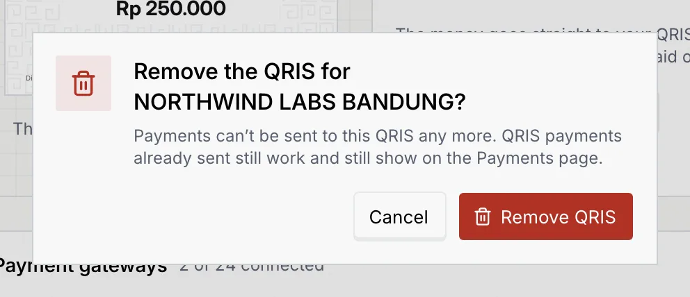The Remove the QRIS confirmation with Cancel and Remove QRIS