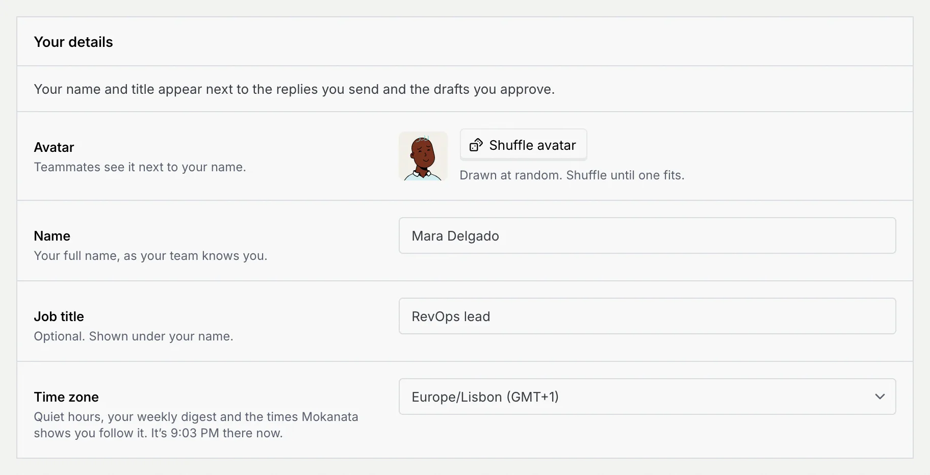 The Your details panel with the avatar and Shuffle avatar button, Name, Job title and Time zone