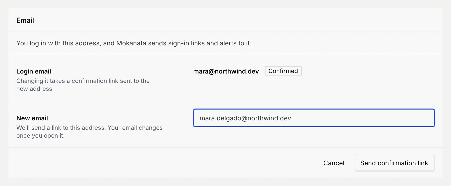 The Email panel with mara@northwind.dev Confirmed, and the New email field filled in above Cancel and Send confirmation link
