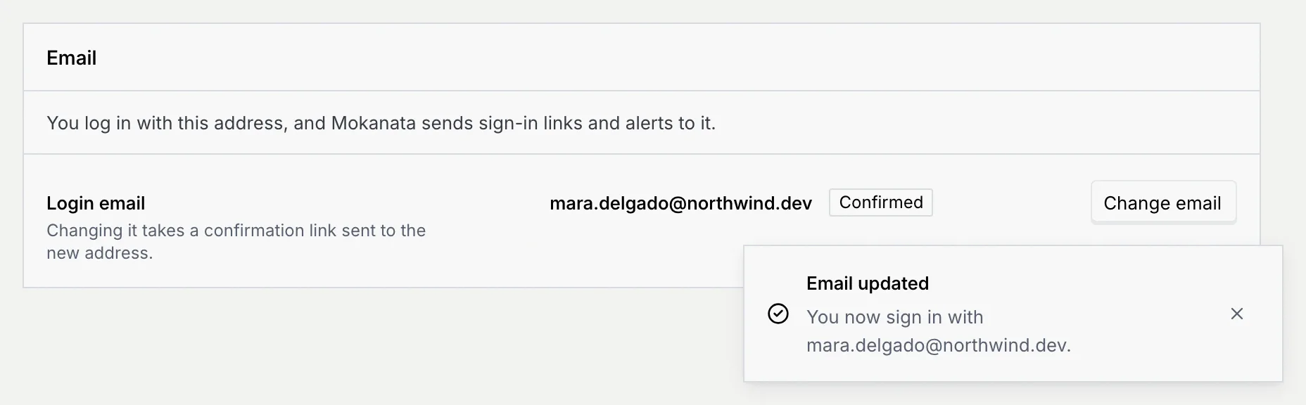 The Email panel showing the new login email, with the Email updated message: You now sign in with mara.delgado@northwind.dev