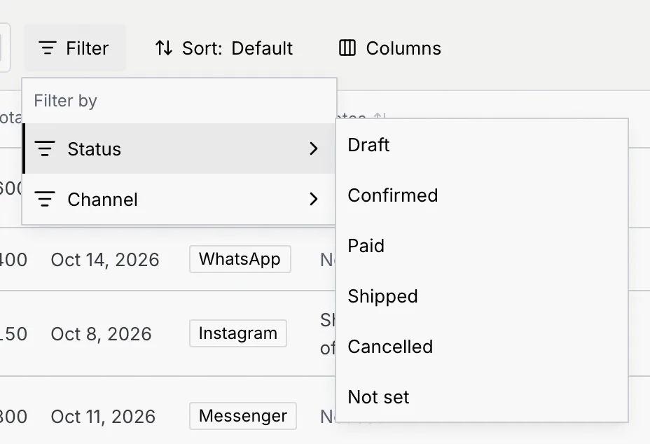 The Filter menu open on Status, listing Draft, Confirmed, Paid, Shipped, Cancelled and Not set