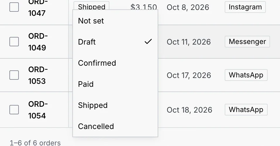 The Status value of ORD-1049 open for editing, listing Not set, Draft, Confirmed, Paid, Shipped and Cancelled