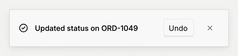 The Updated status on ORD-1049 notice with an Undo button