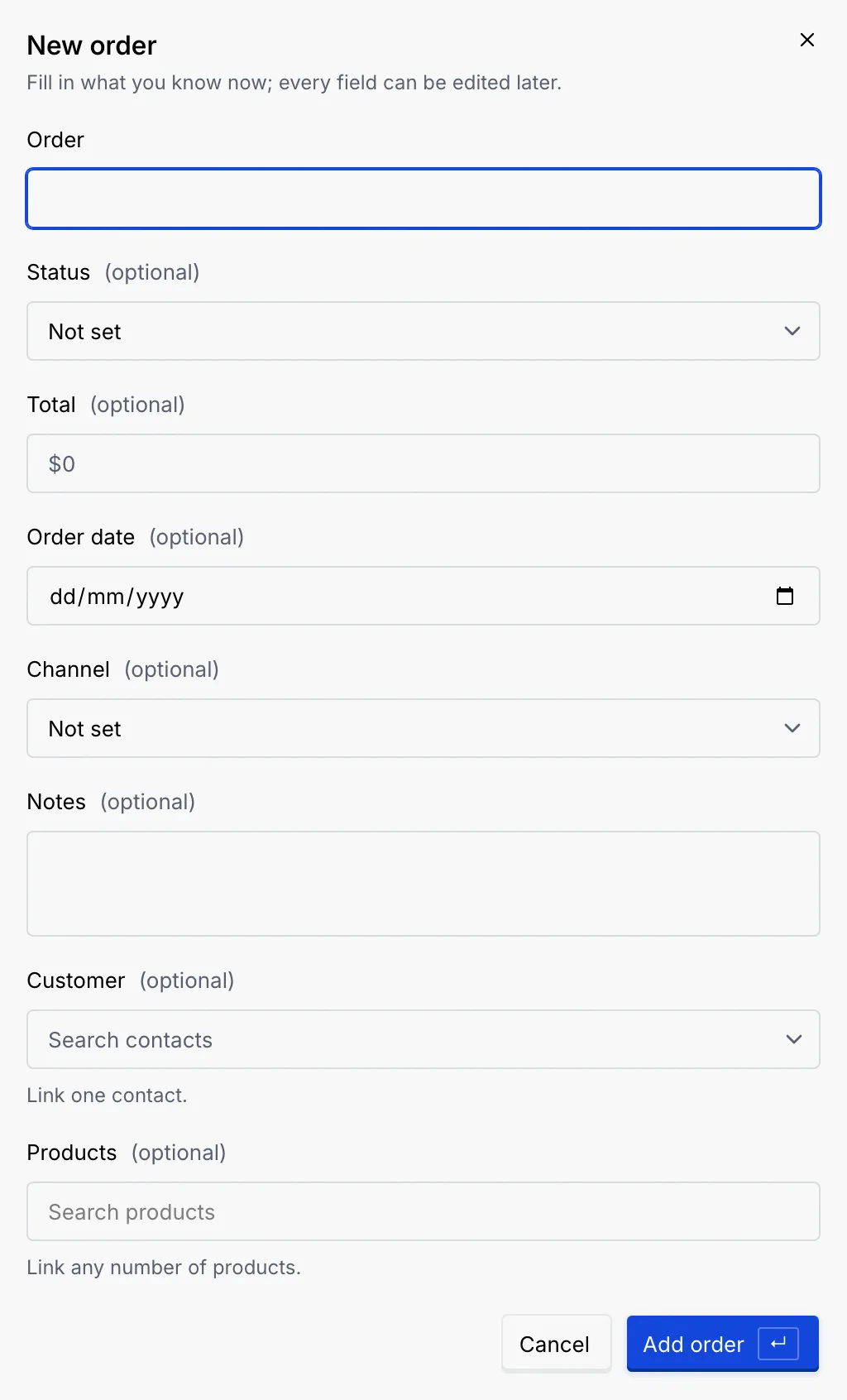 The New order dialog with Order, Status, Total, Order date, Channel and Notes, then Customer and Products pickers