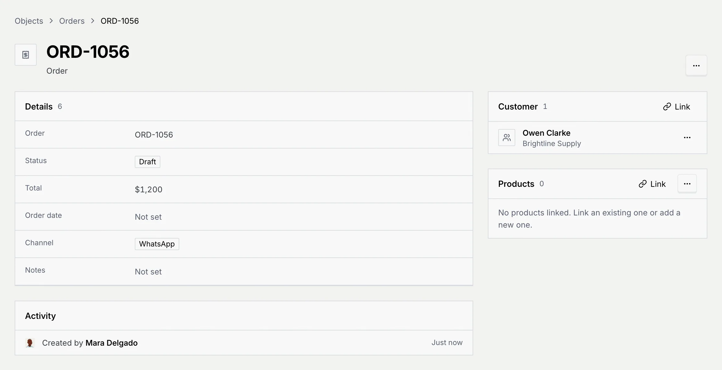 The page of order ORD-1056 with its Details, its Activity (Created by Mara Delgado) and the Customer and Products panels