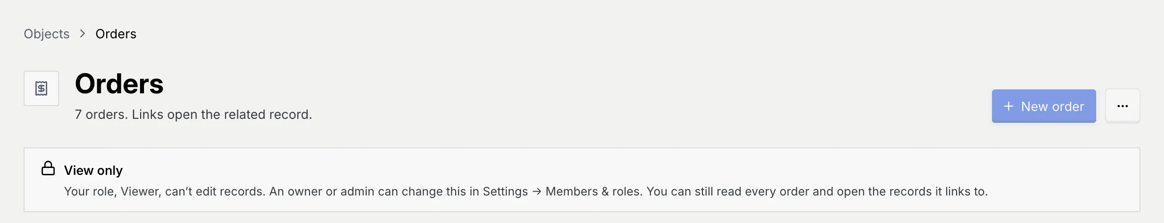 The Orders table for a viewer: New order greyed out and a View only notice under the title