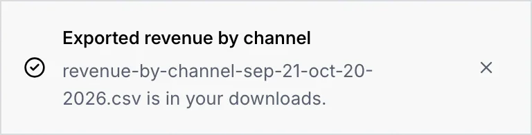The confirmation Exported revenue by channel: revenue-by-channel-sep-21-oct-20-2026.csv is in your downloads