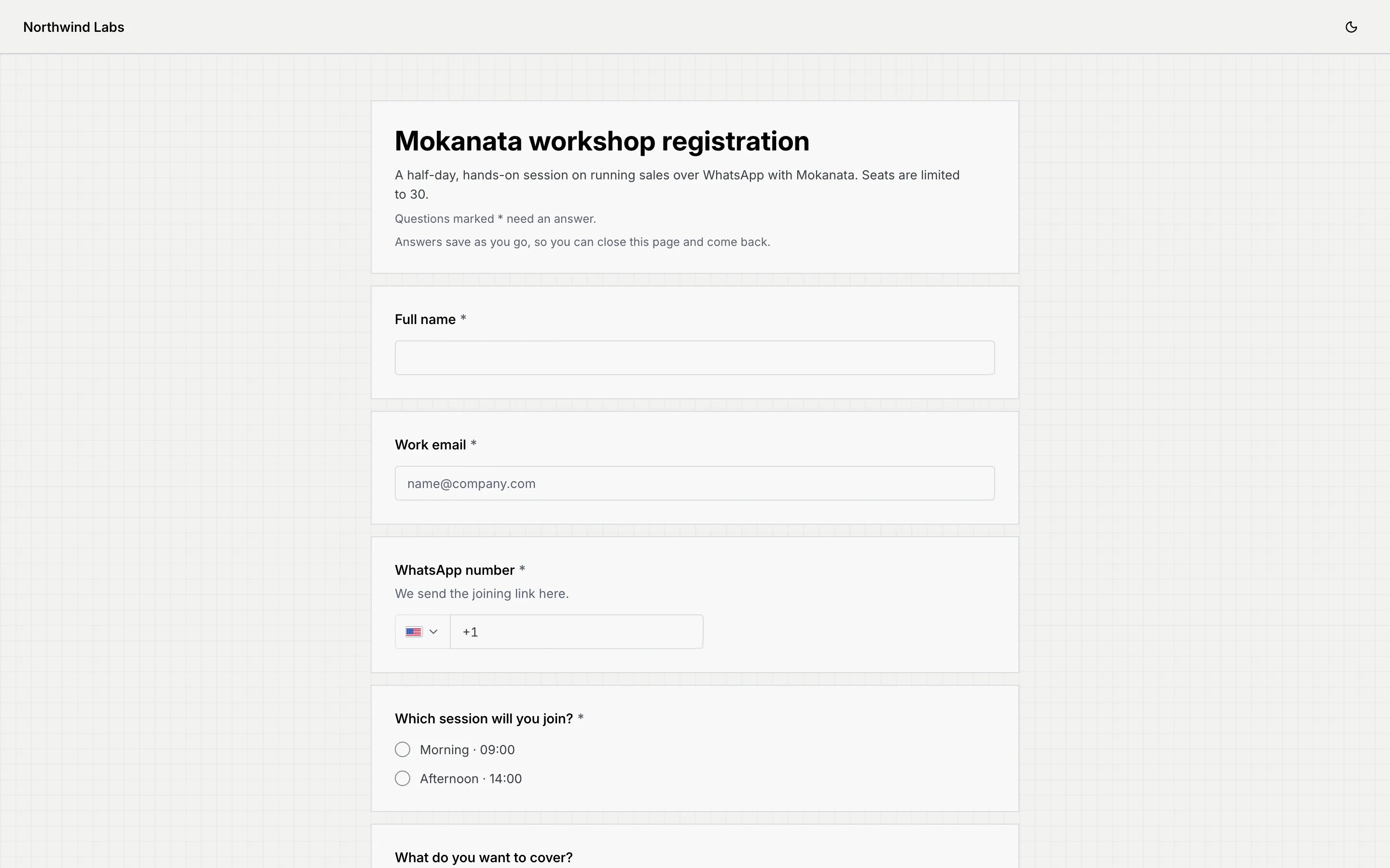 The public Mokanata workshop registration form on a computer, under a bar with the workspace name Northwind Labs and a theme button