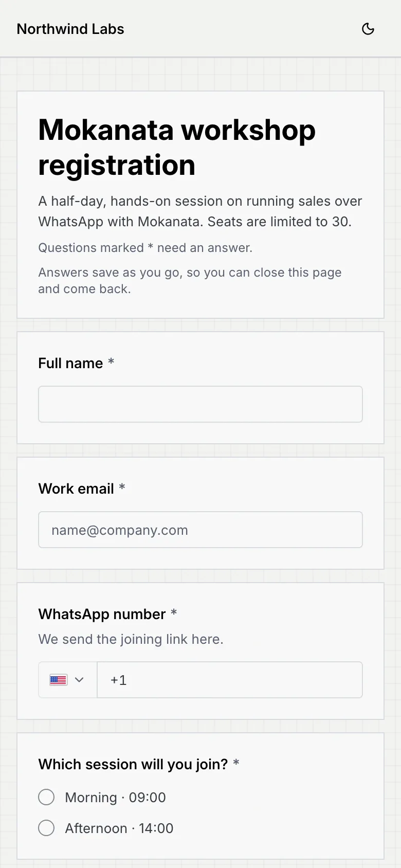 The same form on a phone: the title, description, the required-question note, the autosave note, and the first questions