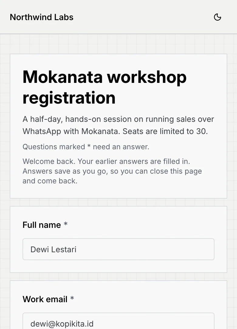 The form reopened, saying Welcome back. Your earlier answers are filled in., with Dewi Lestari's name and email already filled