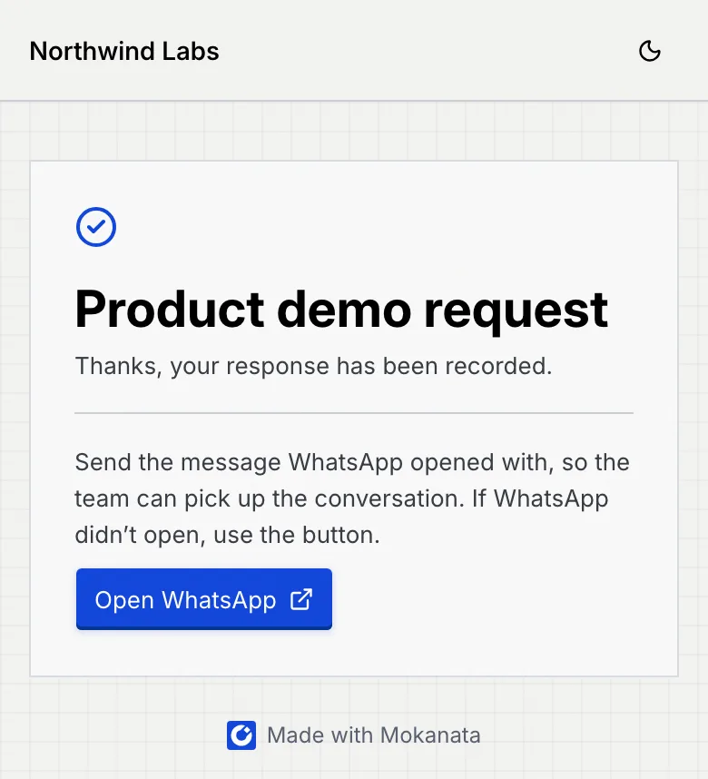 The confirmation of Product demo request with the note about sending the WhatsApp message and the Open WhatsApp button