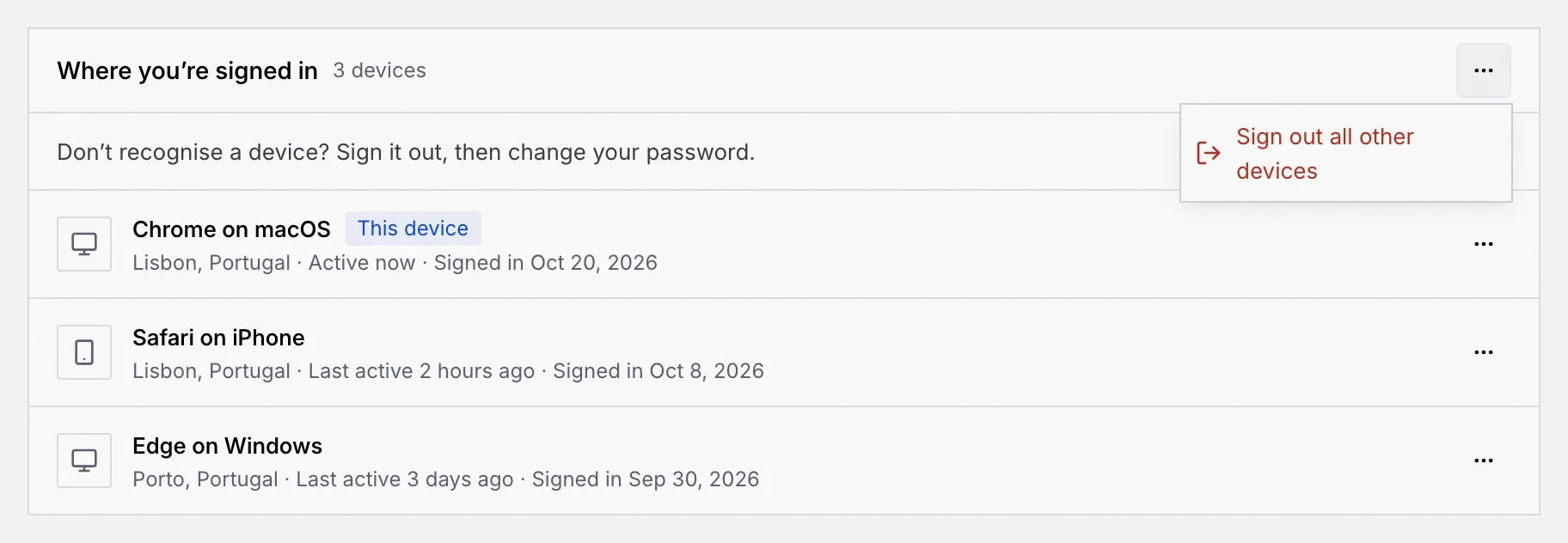 Where you're signed in, listing Chrome on macOS as This device, Safari on iPhone and Edge on Windows, with the panel menu open on Sign out all other devices