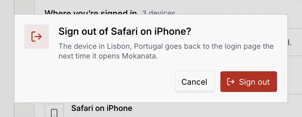 The Sign out of Safari on iPhone? dialog: The device in Lisbon, Portugal goes back to the login page the next time it opens Mokanata