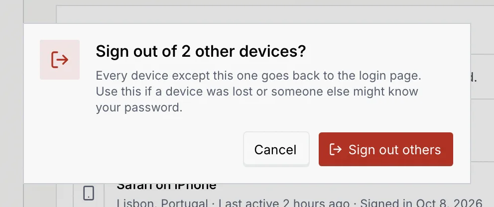 The Sign out of 2 other devices? dialog with Cancel and Sign out others