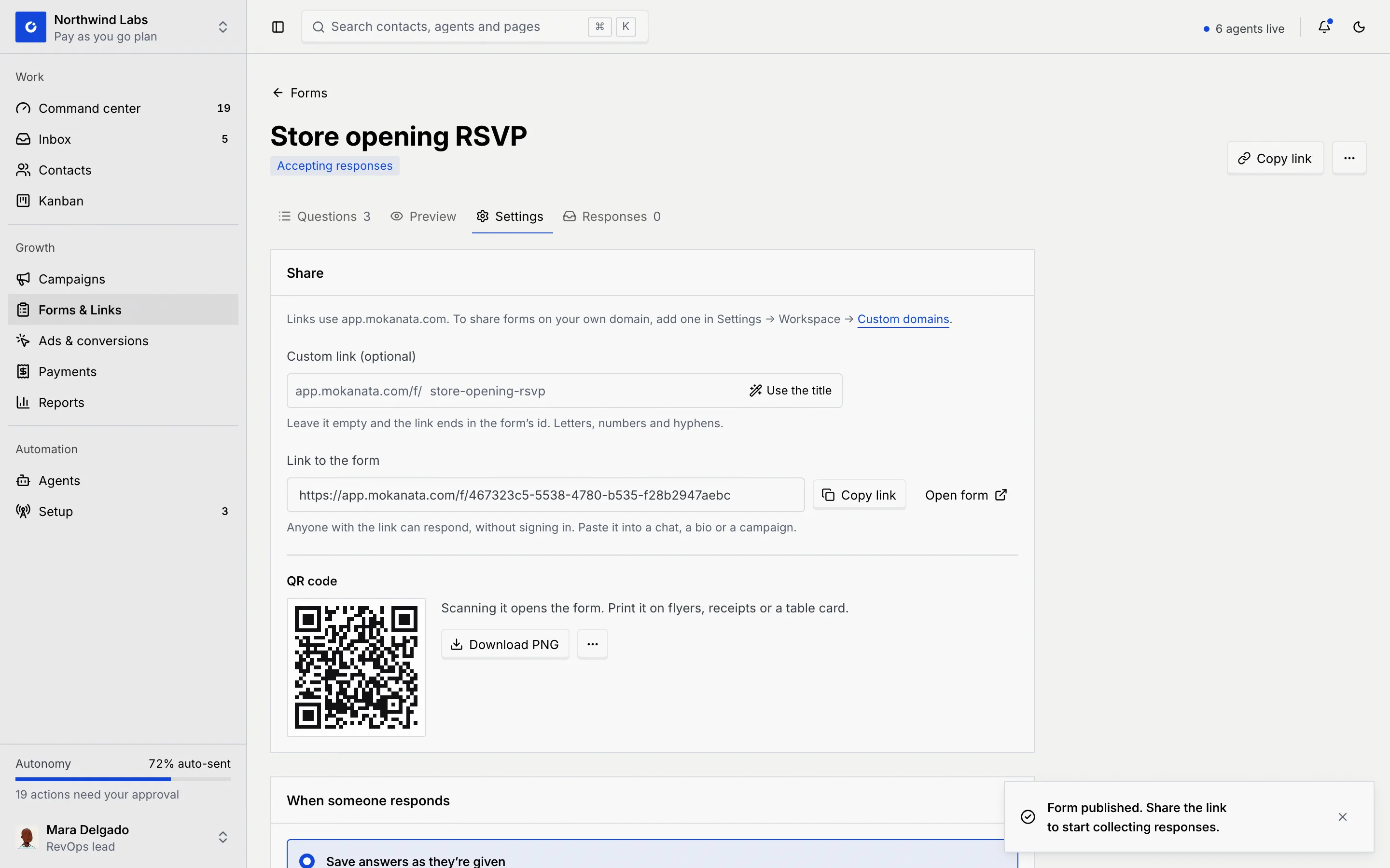 A newly published form, Store opening RSVP, on its Settings tab with the Share panel showing the link to the form, its QR code and the Form published toast