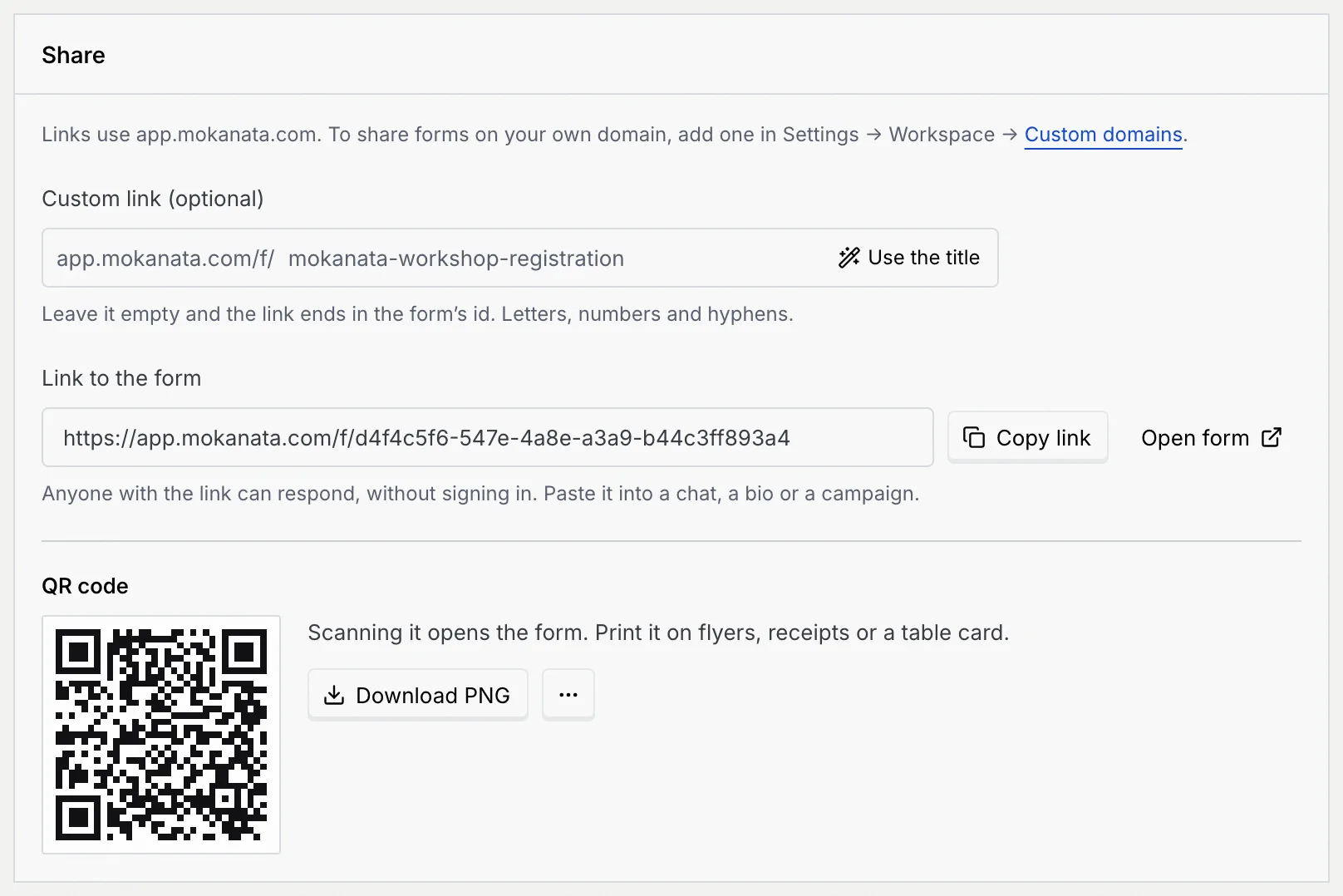 The Share panel of Mokanata workshop registration with the Custom link field and its Use the title button, the link to the form with Copy link and Open form, and the QR code with Download PNG