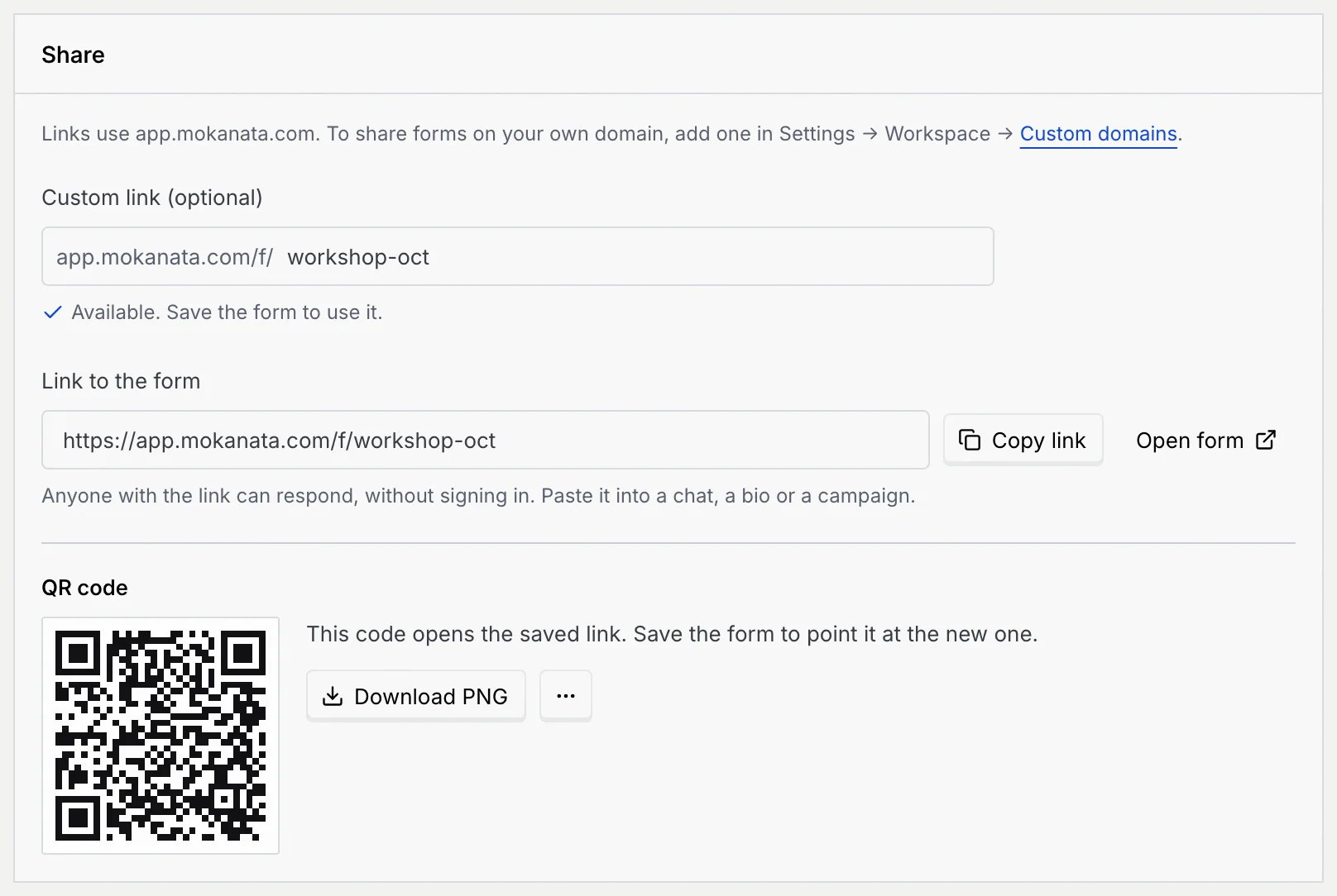 The Share panel with workshop-oct typed in Custom link, the note Available. Save the form to use it., the link updated to /f/workshop-oct and the QR code note about the saved link