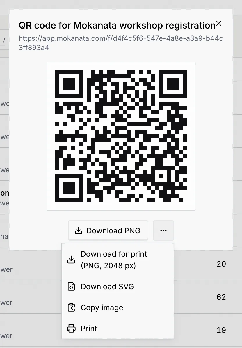 The QR code for Mokanata workshop registration dialog with the code, Download PNG and the menu with Download for print (PNG, 2048 px), Download SVG, Copy image and Print