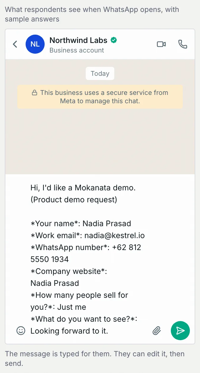 The WhatsApp preview with the opening line Hi, I'd like a Mokanata demo. (Product demo request) and the sample answers listed under it, ready to send
